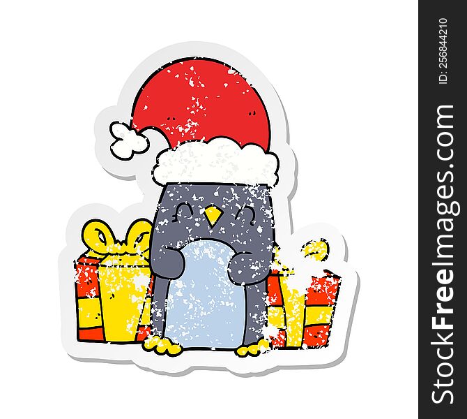 distressed sticker of a cute christmas penguin
