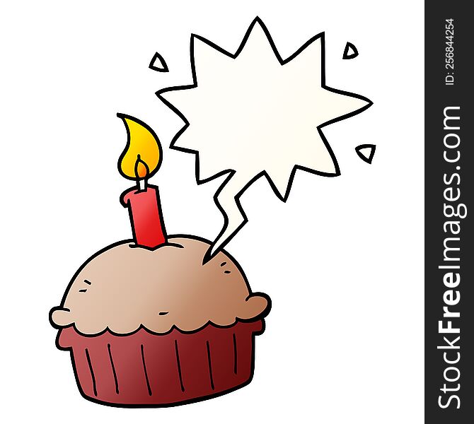 Cartoon Birthday Cupcake And Speech Bubble In Smooth Gradient Style