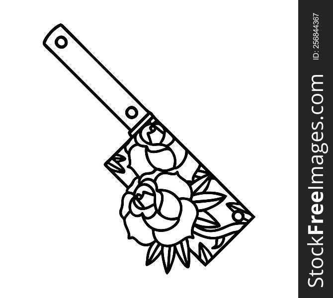 tattoo in black line style of a cleaver and flowers. tattoo in black line style of a cleaver and flowers