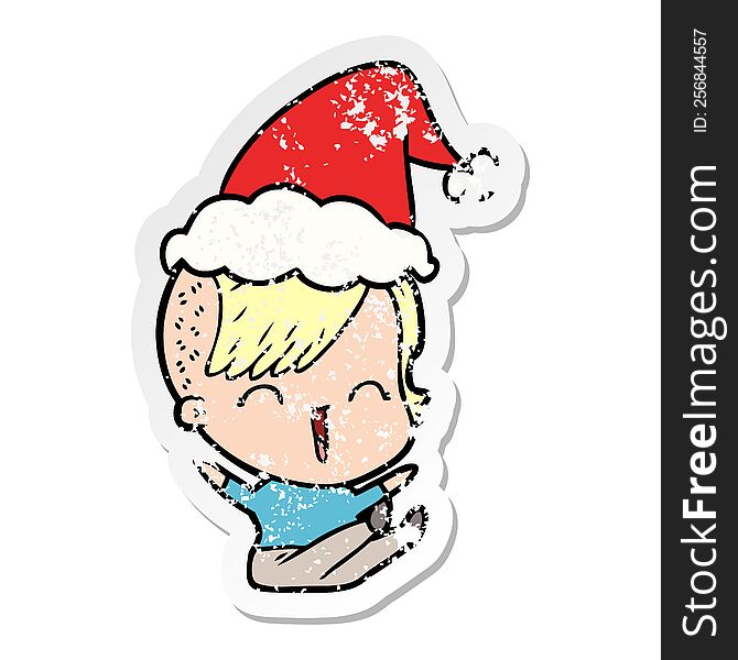 Distressed Sticker Cartoon Of A Happy Hipster Girl Wearing Santa Hat