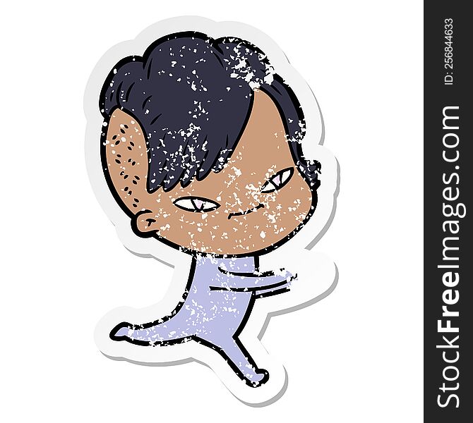 Distressed Sticker Of A Cute Cartoon Girl With Hipster Haircut