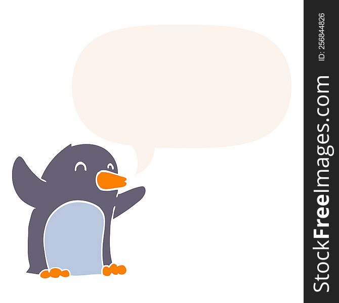 Cartoon Excited Penguin And Speech Bubble In Retro Style