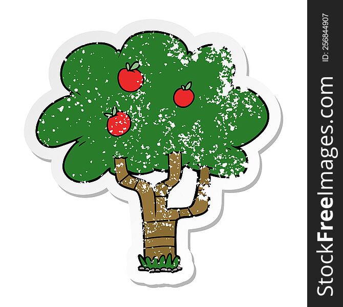 distressed sticker of a cartoon apple tree