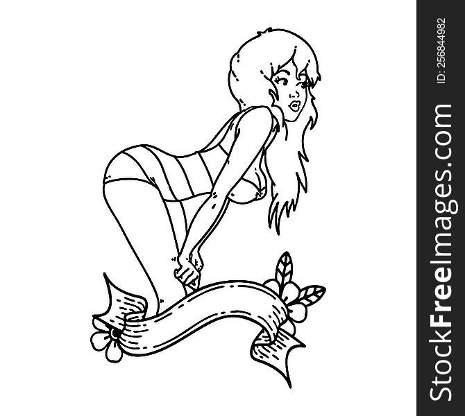 tattoo in black line style of a pinup girl in swimming costume with banner. tattoo in black line style of a pinup girl in swimming costume with banner