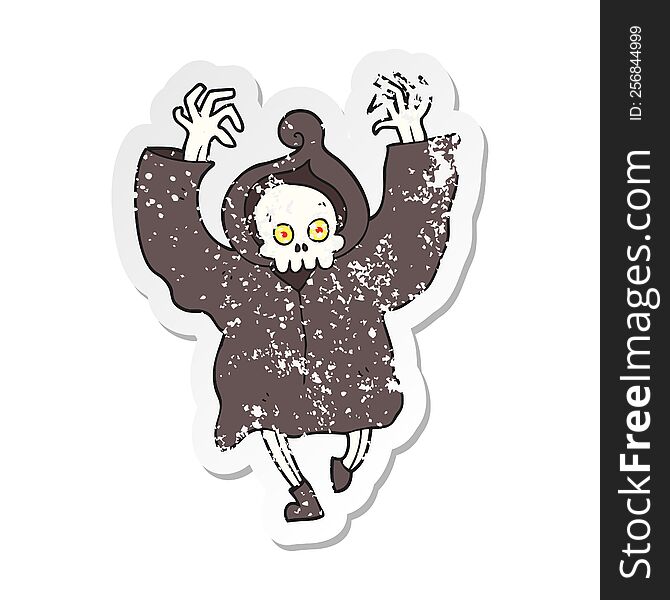 retro distressed sticker of a cartoon dancing death skeleton