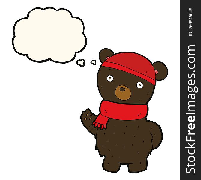 cartoon black bear in winter hat and scarf with thought bubble