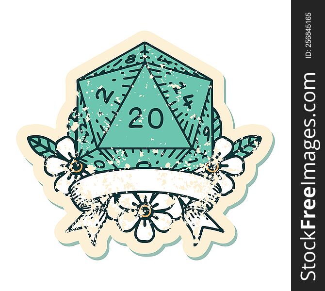 Retro Tattoo Style natural 20 critical hit D20 dice roll. Retro Tattoo Style natural 20 critical hit D20 dice roll