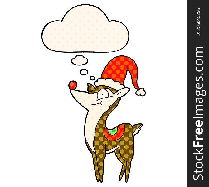 cartoon christmas reindeer with thought bubble in comic book style