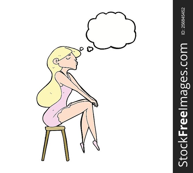 cartoon woman sitting on stool with thought bubble