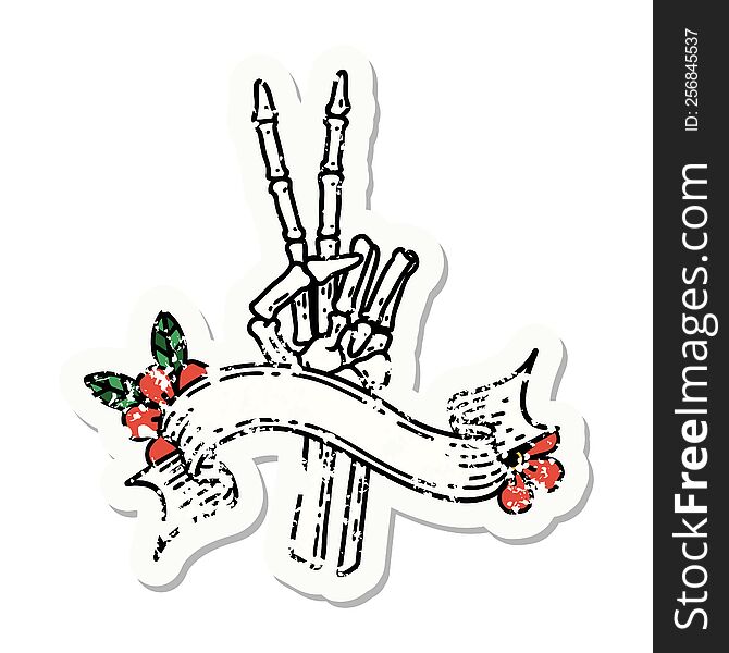 Grunge Sticker With Banner Of A Skeleton Hand Giving A Peace Sign