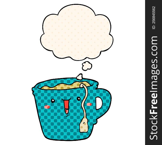 cute cartoon coffee cup with thought bubble in comic book style