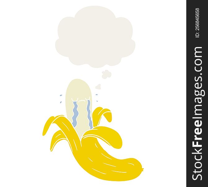 cartoon crying banana with thought bubble in retro style