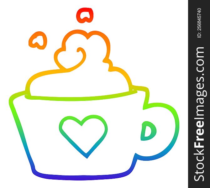 rainbow gradient line drawing of a cartoon cup of coffee