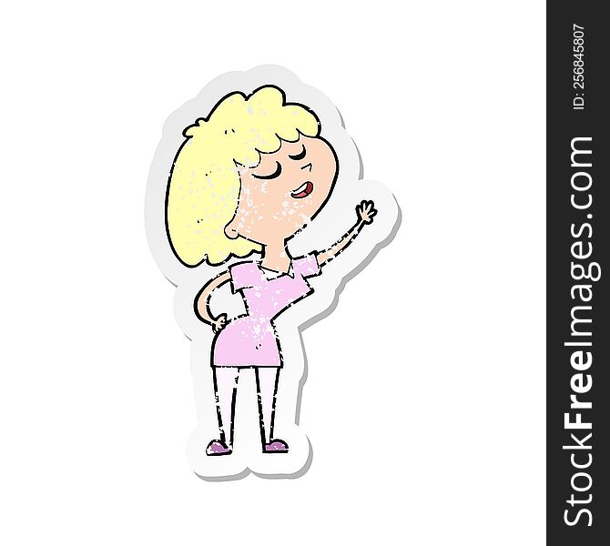 Retro Distressed Sticker Of A Cartoon Happy Woman About To Speak