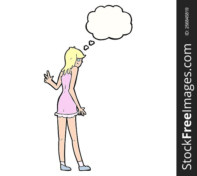 cartoon woman waving with thought bubble