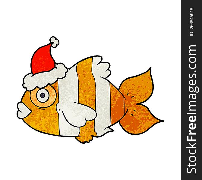 textured cartoon of a exotic fish wearing santa hat