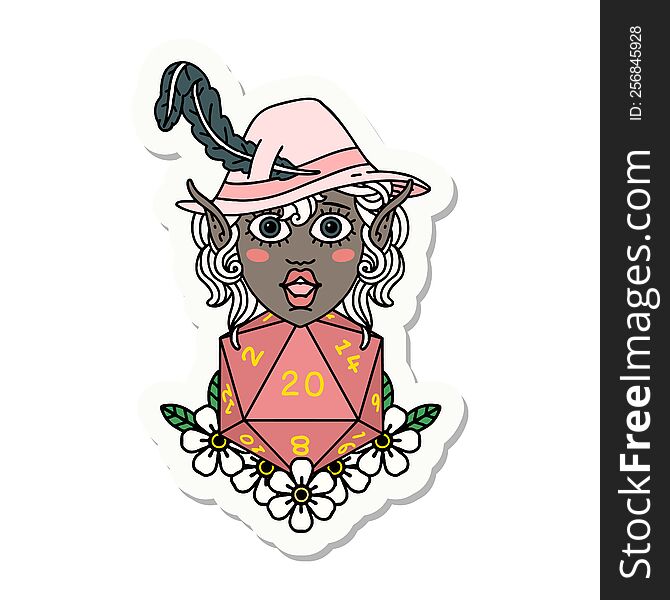 sticker of a elf bard character with natural twenty dice roll. sticker of a elf bard character with natural twenty dice roll