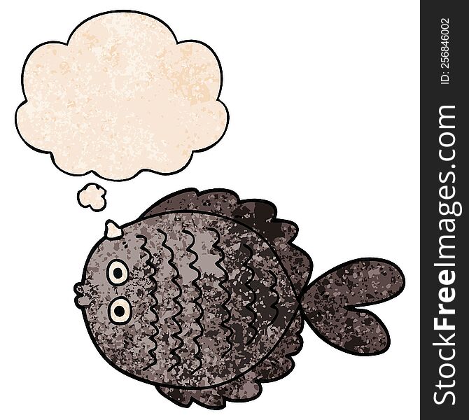 Cartoon Flat Fish And Thought Bubble In Grunge Texture Pattern Style