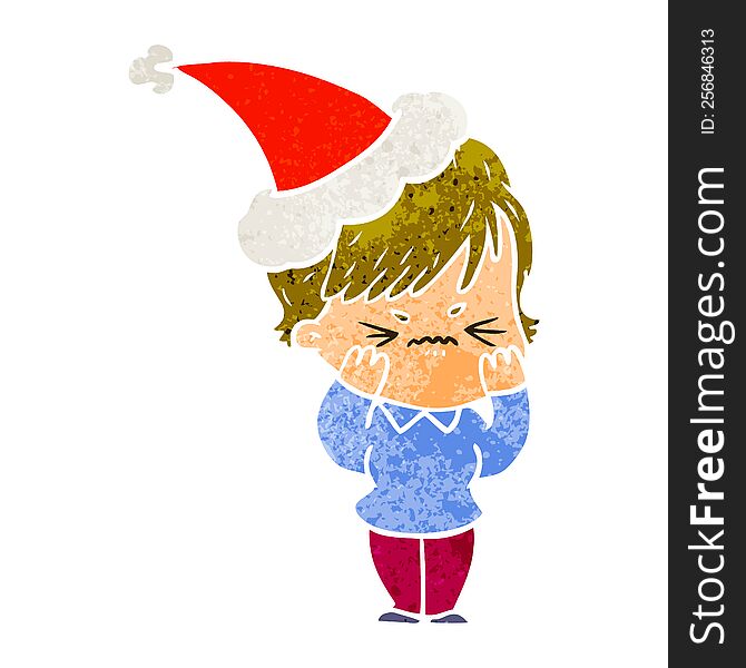 Retro Cartoon Of A Frustrated Woman Wearing Santa Hat