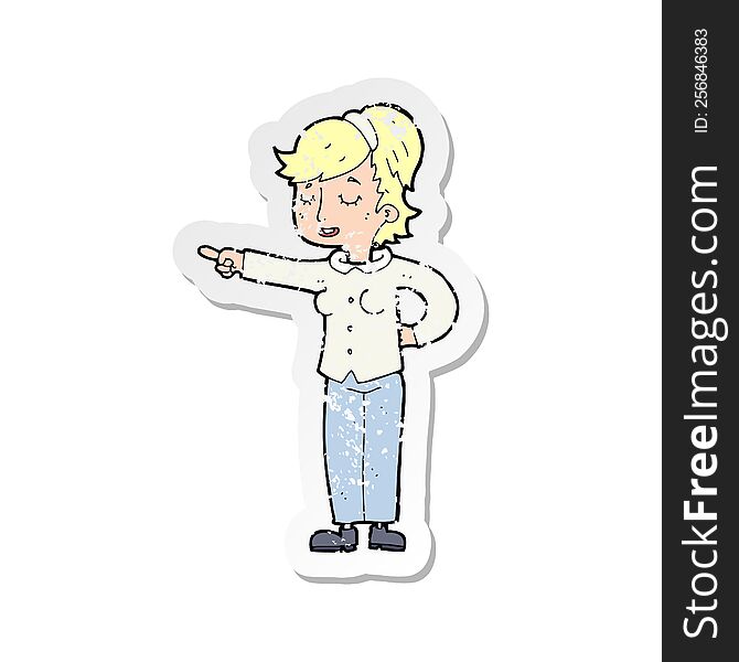 Retro Distressed Sticker Of A Cartoon Friendly Woman Pointing
