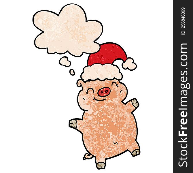 Cartoon Happy Christmas Pig And Thought Bubble In Grunge Texture Pattern Style