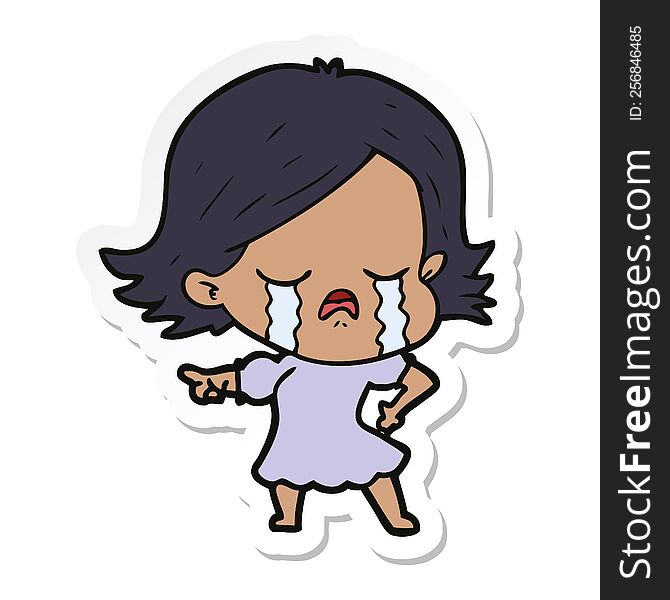 sticker of a cartoon girl crying and pointing