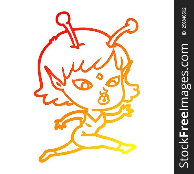 Warm Gradient Line Drawing Pretty Cartoon Alien Girl Running