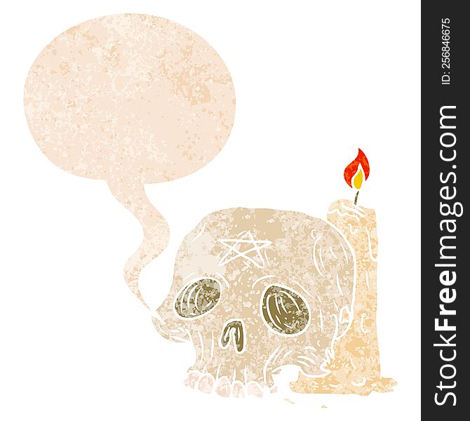 Cartoon Spooky Skull And Candle And Speech Bubble In Retro Textured Style