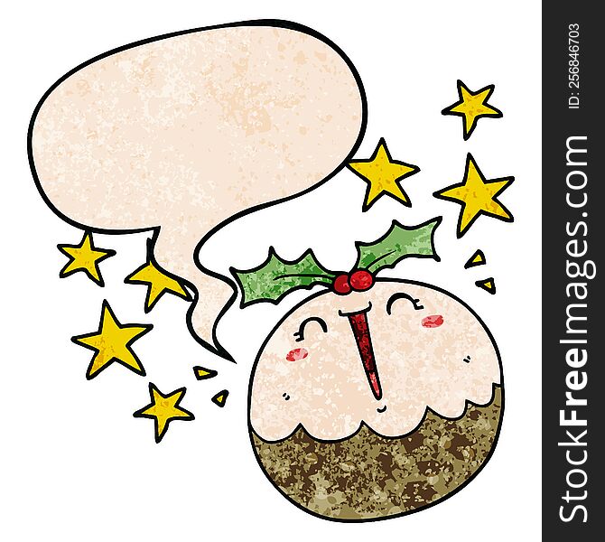 Cute Cartoon Happy Christmas Pudding And Speech Bubble In Retro Texture Style