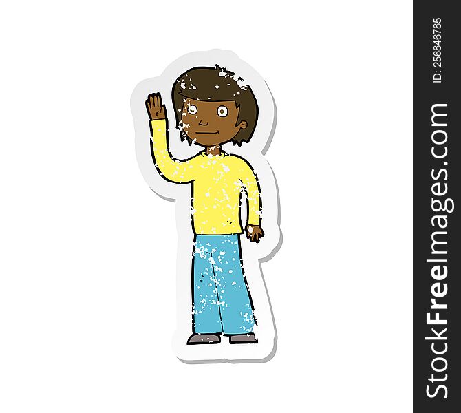 Retro Distressed Sticker Of A Cartoon Friendly Boy Waving