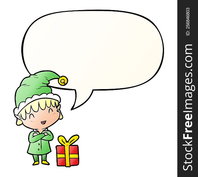 Cartoon Happy Christmas Elf And Speech Bubble In Smooth Gradient Style