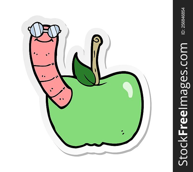 sticker of a cartoon apple with worm