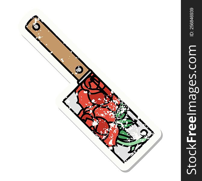 distressed sticker tattoo in traditional style of a cleaver and flowers. distressed sticker tattoo in traditional style of a cleaver and flowers