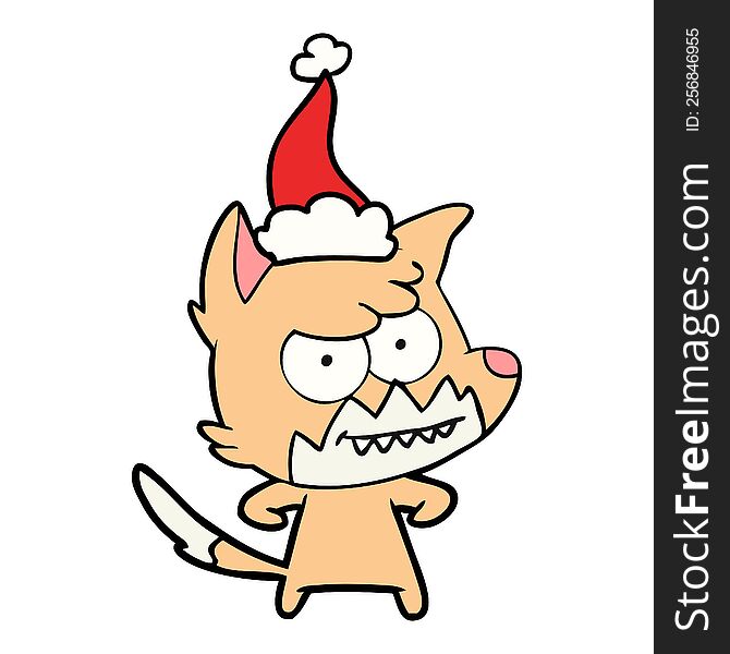 hand drawn line drawing of a grinning fox wearing santa hat