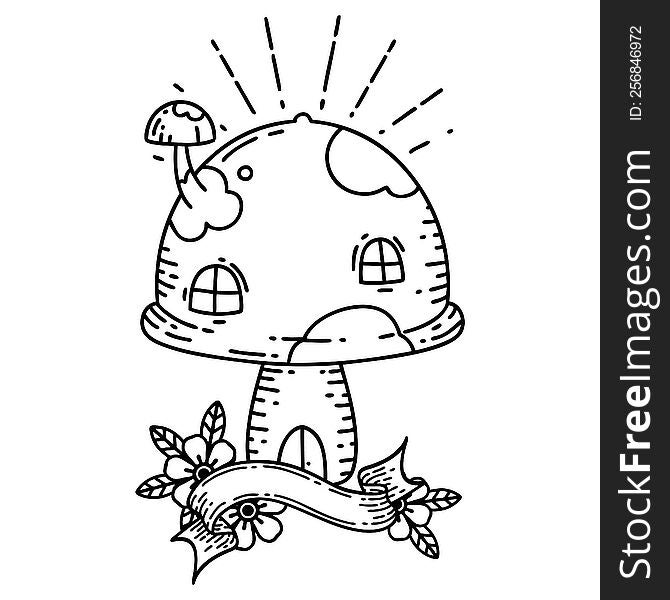 Banner With Black Line Work Tattoo Style Toadstool House