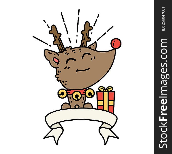 banner with tattoo style christmas reindeer with present