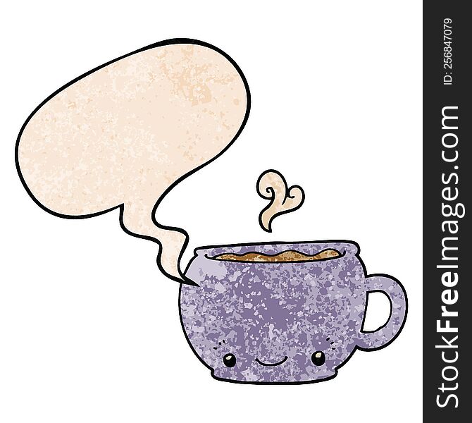 cartoon hot cup of coffee and speech bubble in retro texture style