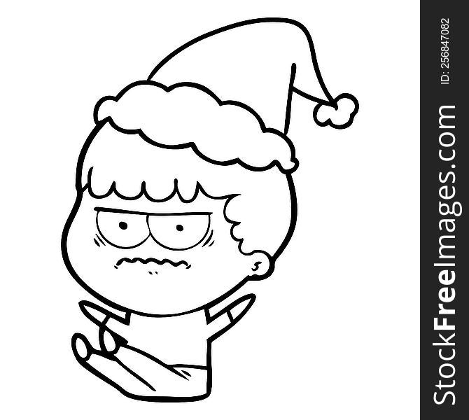 Line Drawing Of A Annoyed Man Wearing Santa Hat