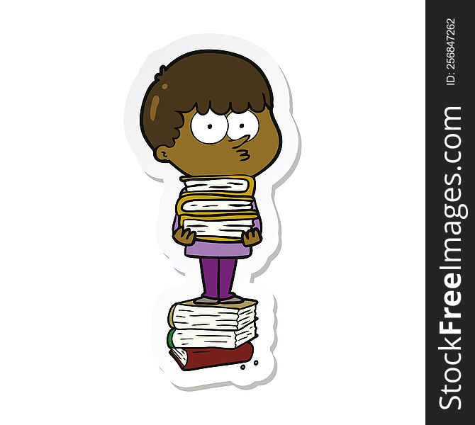 Sticker Of A Cartoon Curious Boy With Lots Of Books