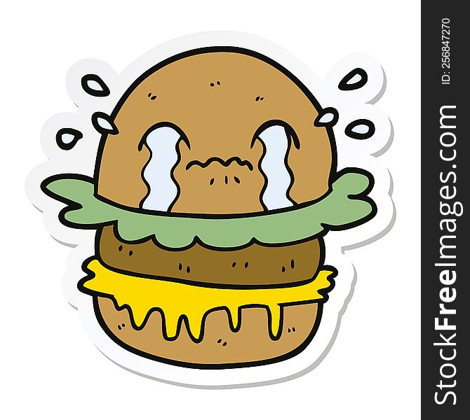 Sticker Of A Cartoon Crying Fast Food Burger