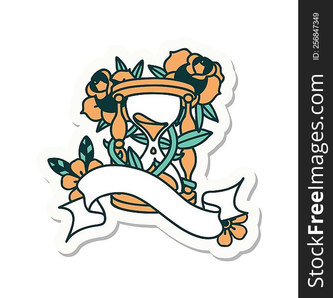 tattoo style sticker with banner of an hour glass and flowers