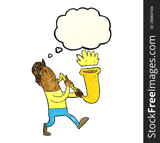 cartoon man blowing saxophone with thought bubble