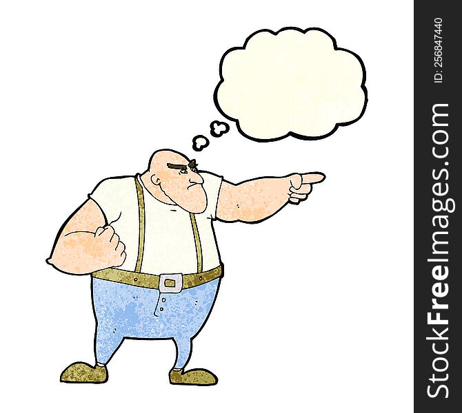cartoon angry tough guy pointing with thought bubble