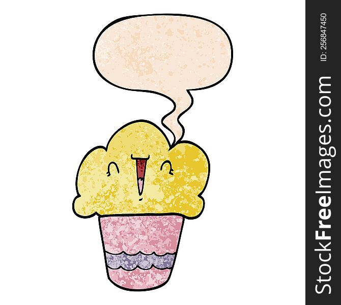 cartoon cupcake and face and speech bubble in retro texture style