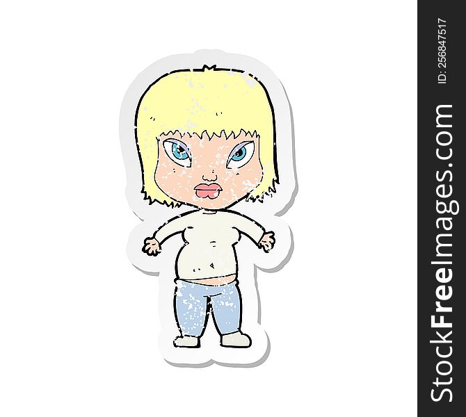 retro distressed sticker of a cartoon overweight woman