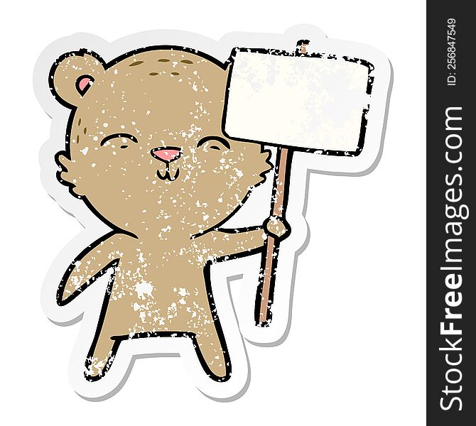 Distressed Sticker Of A Happy Cartoon Bear With Sign