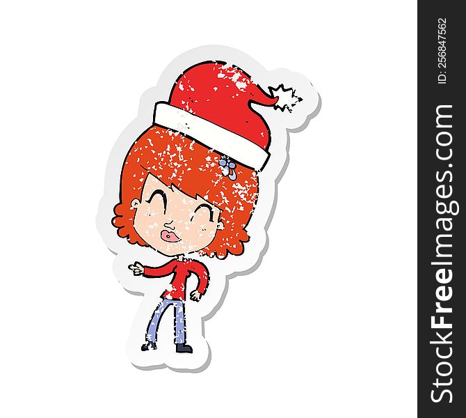 Retro Distressed Sticker Of A Cartoon Woman Ready For Christmas