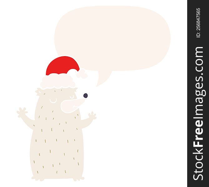 Cute Cartoon Christmas Bear And Speech Bubble In Retro Style