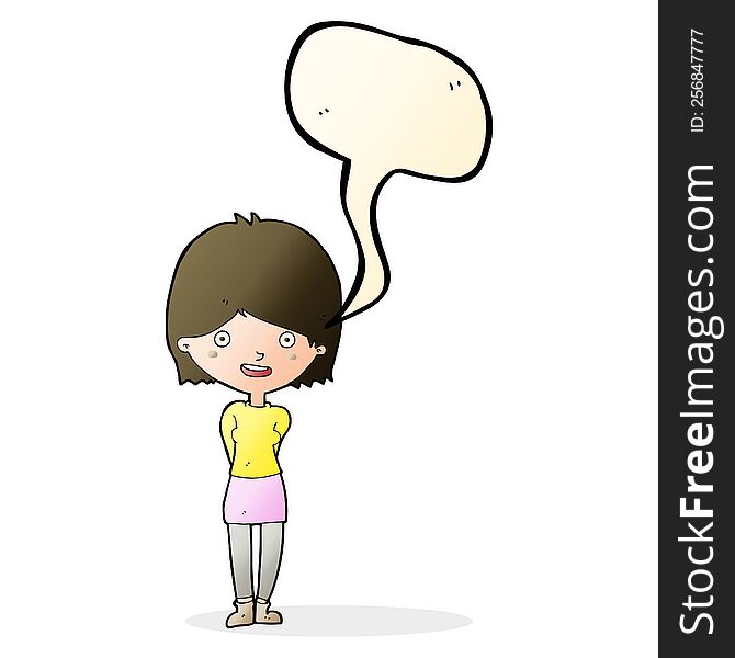 cartoon friendly woman with speech bubble