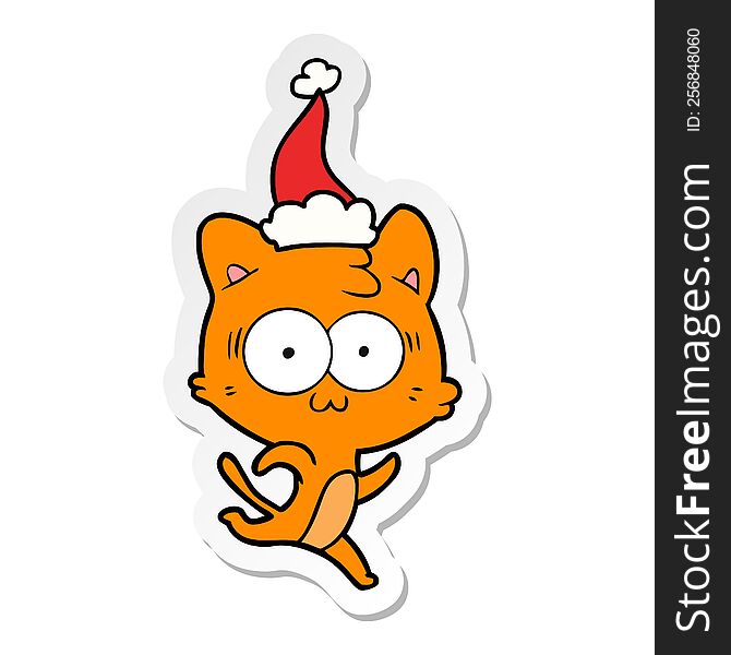 sticker cartoon of a surprised cat running wearing santa hat